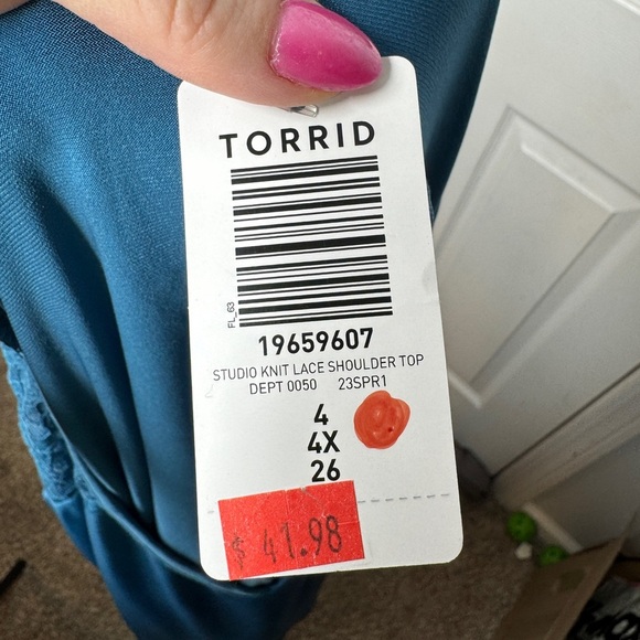 Torrid Women's Blouse with Shoulder Lace Panels in Teal Blue Size 4‎ (4x/26) NEW - Picture 7 of 10